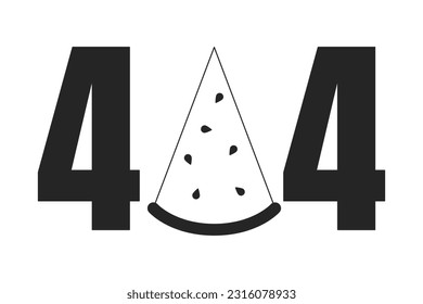 Watermelon slice black white error 404 flash message. Summer picnic food. Healthy snack. Monochrome empty state ui design. Page not found popup cartoon image. Vector flat outline illustration concept