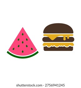 Watermelon slice and burger fast food vector set illustration