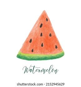Pieza de sandía, caligrafía, letras. Ilustración vectorial dibujada a mano salpicaduras de color de agua, fondo aislado. Productos ecológicos vegetarianos, nutrición orgánica, vegetariana. Para el diseño de portada de menú, imprimir.