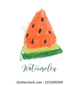 Pieza de sandía, caligrafía, letras. Ilustración vectorial dibujada a mano salpicaduras de color de agua, fondo aislado. Productos ecológicos vegetarianos, nutrición orgánica, vegetariana. Para el diseño de portada de menú, imprimir.