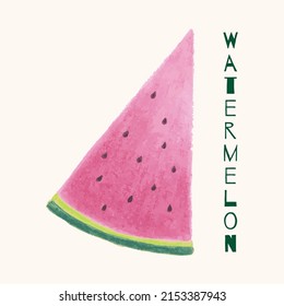 Watermelon slice, calligraphy, lettering. Hand drawn vector illustration watercolor splashes, isolated background. Vegetarian eco food product, organic, vegan nutrition. For menu cover design, print.