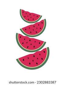 Watermelon slice cartoon color illustration and simple outline. Vector fresh sweet fruit.