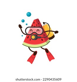 Watermelon slice cartoon fruit diver at summer getaway. Vector amusing fruit engaging in scuba diving fun and leisure. Humorous diver food personage relaxing in sea during holiday vacation or trip