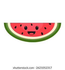 Watermelon slice cartoon style illustration. Watermelon with large eyes and a cheerful smile. Vector illustration isolated on a white background