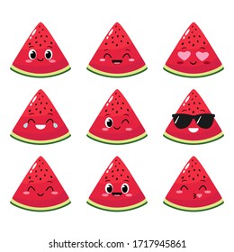 Watermelon slice character with funny face. Happy cute cartoon watermelon emoji set. Funny fruit emoticon. Healthy vegetarian food character vector illustration