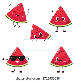 Watermelon slice character with funny face. Happy cute cartoon watermelon emoji set. Healthy vegetarian food character vector illustration