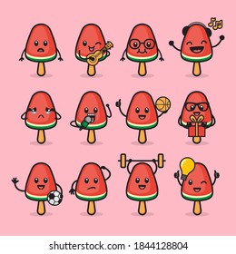 Watermelon slice character with funny face. Happy cute cartoon watermelon emoji set. Healthy vegetarian food character vector illustration
