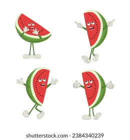 Watermelon slice character with funny face. Happy cute cartoon watermelon emoji set. Healthy vegetarian food character vector illustration