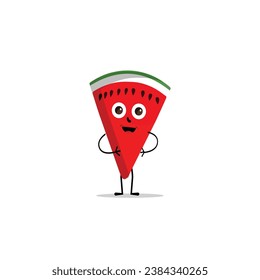 Watermelon slice character with funny face. Happy cute cartoon watermelon emoji set. Healthy vegetarian food character vector illustration