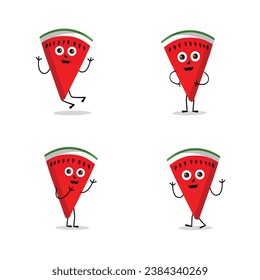 Watermelon slice character with funny face. Happy cute cartoon watermelon emoji set. Healthy vegetarian food character vector illustration