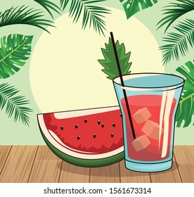 watermelon slice and cocktail over tropical leaves and retro style background, colorful design , vector illustration