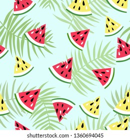 watermelon slice with coconut leaves pattern,illustration vector comic art for any  card.