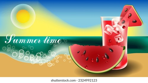 Watermelon slice and cold juice on the beach. Banner Design Template
