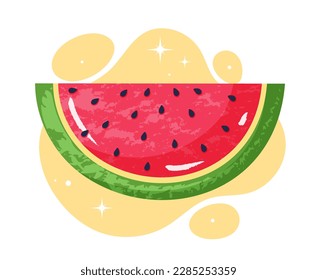Watermelon slice concept. Symbol of summer season and holidays. Juicy and tasty fruit with seeds. Tropical and exotic berry. Healthy eating with vitamins. Cartoon flat vector illustration