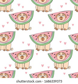 Watermelon. Watermelon slice. Cute cartoon pug. Pug puppy. Cartoon animal. Seamless vector pattern (background). Funny print.