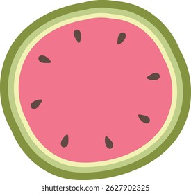 A watermelon slice is depicted in a hand-drawn style with bold outlines and simplified details.  This juicy summer treat is presented as a cheerful and refreshing image. Cartoon vector illustration