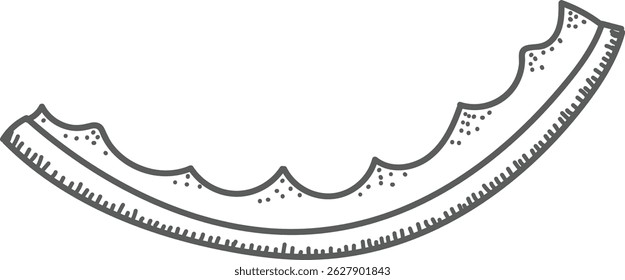 A watermelon slice with dotted texture and wavy edges in a minimalist line style. Curved fruit piece features a speckled surface and scalloped border. Cartoon vector illustration.