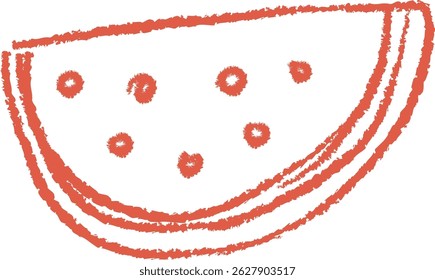 A watermelon slice drawn with crayon-like texture and simple lines. The fruit segment features seeds and curved lines in a sketchy manner. Cartoon vector illustration.