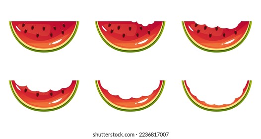 Watermelon slice eat steps stage bitten piece isolated set. Vector flat graphic design element concept illustration