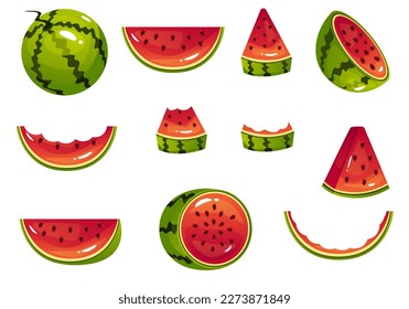 Watermelon slice eat steps stage bitten piece isolated set. Vector flat graphic design element concept illustration