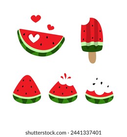 Trozo de sandía come los pasos de la etapa de pedazo mordido conjunto aislado. Ilustración de dibujos animados lindo del vector de la fruta dibujado a mano