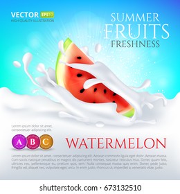 Watermelon slice falling in milk or yogurt splash with vitamins. Vector high quality illustration for label packaging
