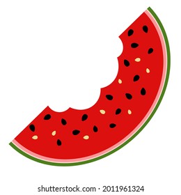 Wassermelonscheibe mit wenigen Bissen abgenommen. Vektorflache Illustration einzeln auf Weiß. Druck für Babybekleidung, Bücherdeckel