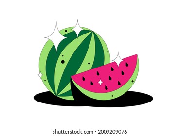Watermelon. Сut slice of watermelon fruit isolated on white background. Summer vibes. For packaging design, advertising, cover, print. Vector illustration.
