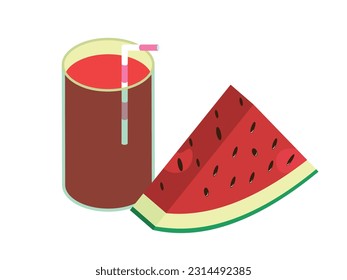 The Watermelon Slice with Glass of Juice icon illustration depicts a refreshing and summery image. It features a vibrant, juicy watermelon slice with seeds, showcasing its bright pink flesh and green.