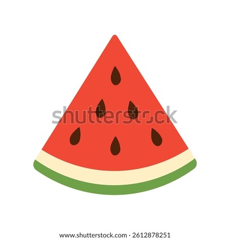 A watermelon slice with green and red stripes. The slice is cut in half and has a few drops of water on it