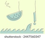 Watermelon slice is hanging on single fastening, other fasten broken - nearby. In the bottom, among waves - shark's fin and near shark, as sign of it's interest - exclamation mark, fastened to top.