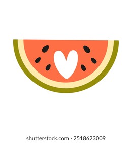 Watermelon slice with heart hole. Hand drawn half watermelon part