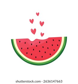 Watermelon Slice with Hearts Clipart Vector Illustration Isolated on White Background.