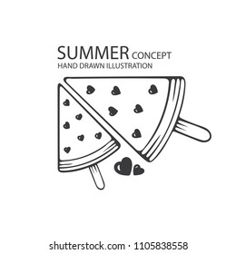 Watermelon slice with hearts.
Summer logo concept vector drawing logo.
Creative print with watermelon.