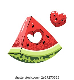 Watermelon slice with heart-shaped cutout isolated on white. Flat design slice with missing heart piece on white. For love logo, Valentine packaging, couple apparel, sticker, summer wedding deco