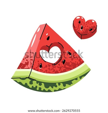 Watermelon slice with heart-shaped cutout isolated on white. Flat design slice with missing heart piece on white. For love logo, Valentine packaging, couple apparel, sticker, summer wedding deco
