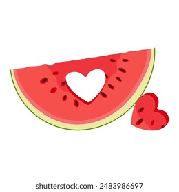 Watermelon slice with heart-shaped hole. Ripe red cut watermelon Hand drawn Trendy flat style isolated organic natural dessert, healthy sweet juicy Sliced melon summer fruit. Vector illustration