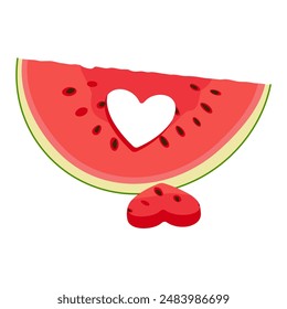 Watermelon slice with heart-shaped hole. Ripe red cut watermelon Hand drawn Trendy flat style isolated organic natural dessert, healthy sweet juicy Sliced melon summer fruit. Vector illustration