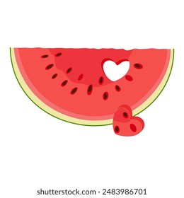 Watermelon slice with heart-shaped hole. Ripe red cut watermelon Hand drawn Trendy flat style isolated organic natural dessert, healthy sweet juicy Sliced melon summer fruit. Vector illustration