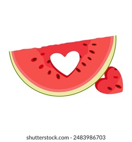 Watermelon slice with heart-shaped hole. Ripe red cut watermelon Hand drawn Trendy flat style isolated organic natural dessert, healthy sweet juicy Sliced melon summer fruit. Vector illustration