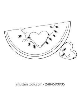 Watermelon slice with heart-shaped hole. Ripe cut watermelon Hand drawn doodle style isolated organic natural dessert, healthy sweet juicy Sliced melon summer fruit coloring page. Vector illustration