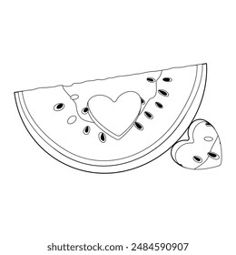 Watermelon slice with heart-shaped hole. Ripe cut watermelon Hand drawn doodle style isolated organic natural dessert, healthy sweet juicy Sliced melon summer fruit coloring page. Vector illustration