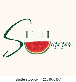 Watermelon slice, hello summer lettering. Hand drawn vector illustration watercolor splashes, isolated background. Vegetarian eco food product, organic, vegan nutrition. For menu cover design, print.