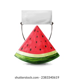 Watermelon Slice Holding up Blank White Paper Board Hand Drawn Illustration