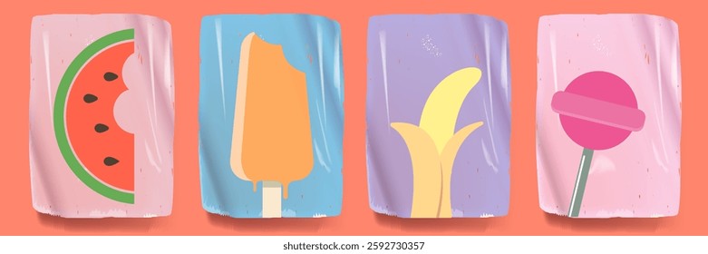 Watermelon slice, Ice cream, banana, popsicle and lollipop summer sticker set. Summer time and vacations background patterns and posters set. Perfect background for posters, cover art, flyer, banner.