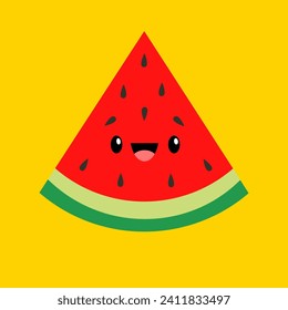 Watermelon slice icon. Funny smiling face with eyes, brows and tongue. Cute kawaii cartoon baby character. Healthy food, Fruit collection. Flat design. Yellow background. Isolated. Vector illustration