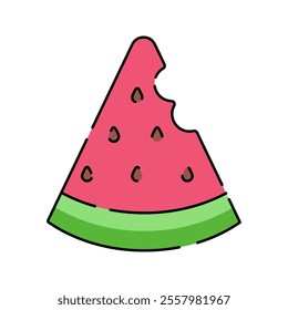 Watermelon Slice Icon Illustration with bright color palette in flat design style. Perfect for vacation, travel, and summer themed designs.
