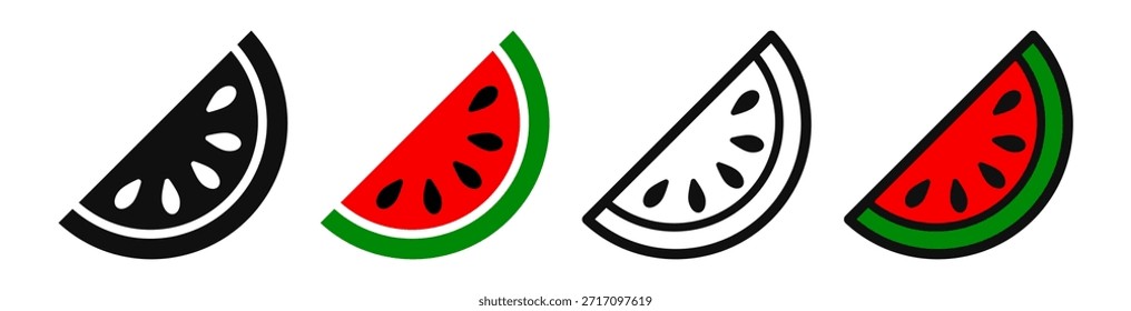 Conjunto de ícone de fatia de melancia. Símbolo de fruta de melancia em contorno e estilos planos. Ilustração vetorial de melancia madura e suculenta. Pictograma de fruta de melancia fresca isolado.