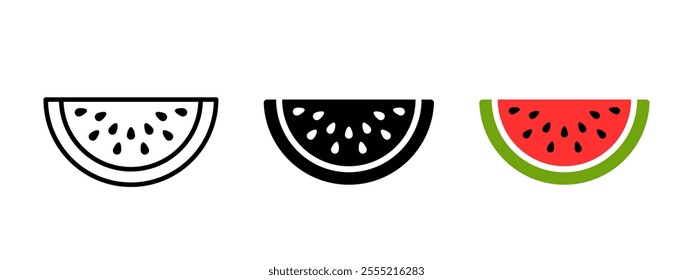 Watermelon slice icon. Sweet watermelon piece with seeds vector illustration. Half of water melon symbol. Ripe and tasty summer fruit pictogram. Water melon cartoon slice concept isolated.