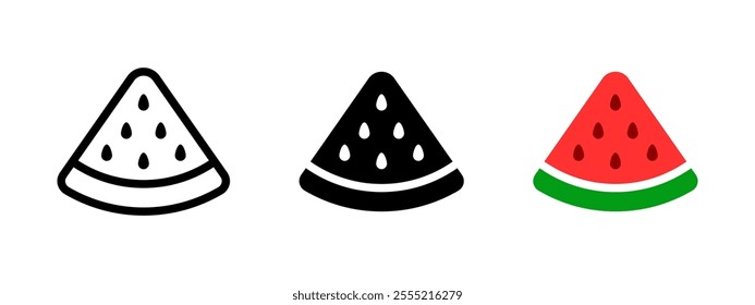 Watermelon slice icon. Triangular watermelon piece with seeds vector illustration. Water melon simple and cute cartoon symbol. Red ripe water melon fruit sign. Sweet and tasty summer fruit pictogram.